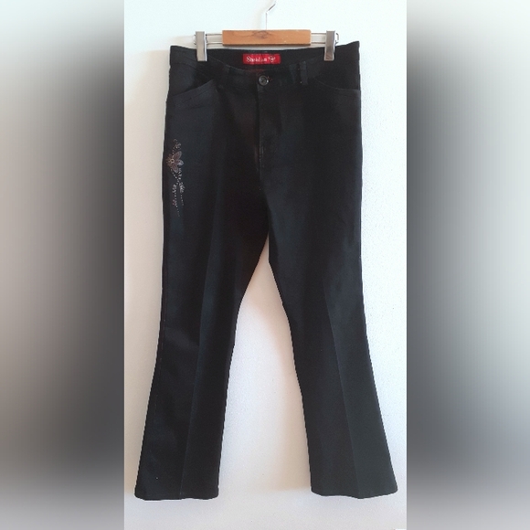 Embellished wide leg pleated jeans w/ leather pockets - Picture 5 of 13